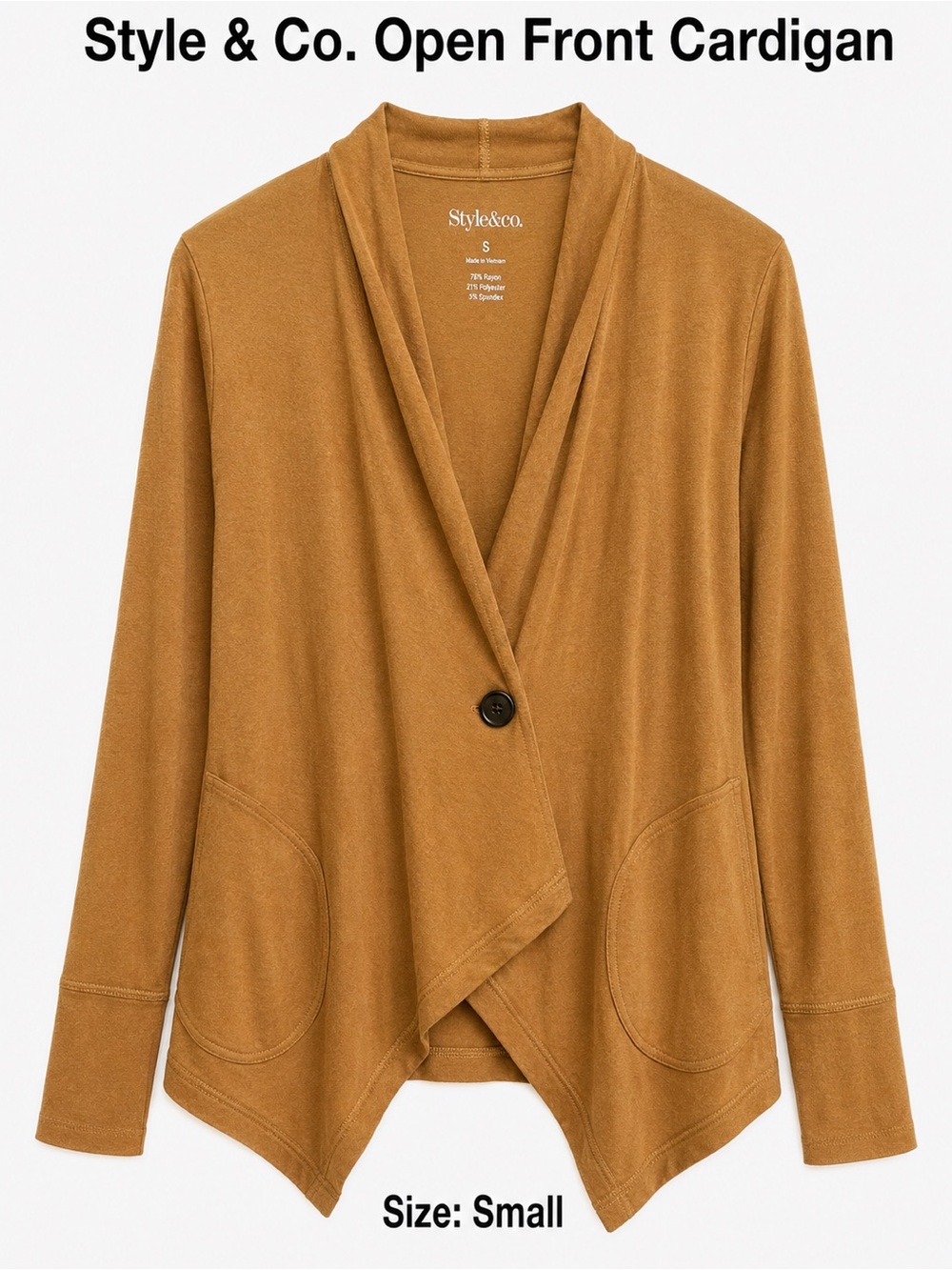 Style & Co Camel Open Front Cardigan Sweater Womens Small Soft Pockets